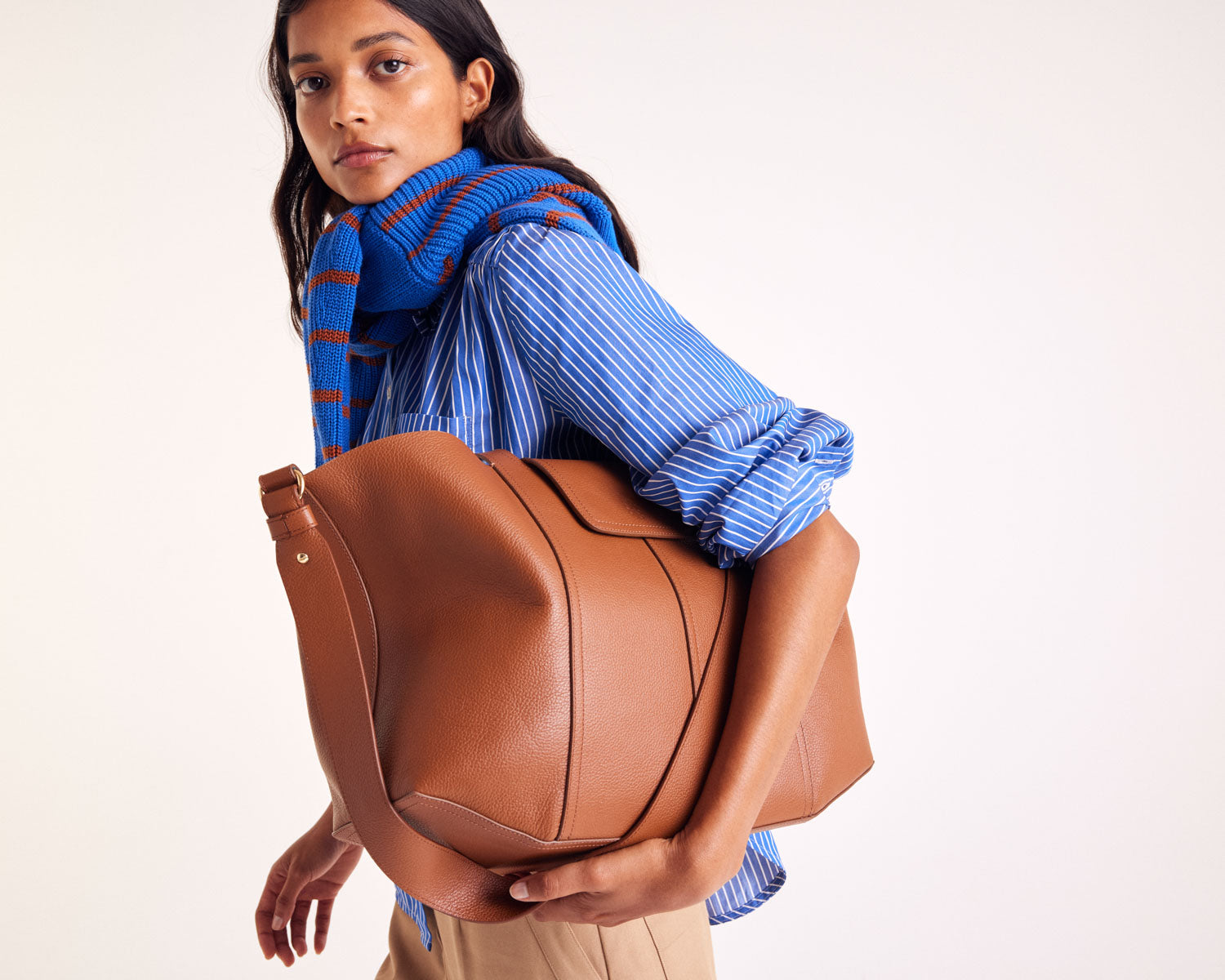 Cabas Esteban camel et bleu gris