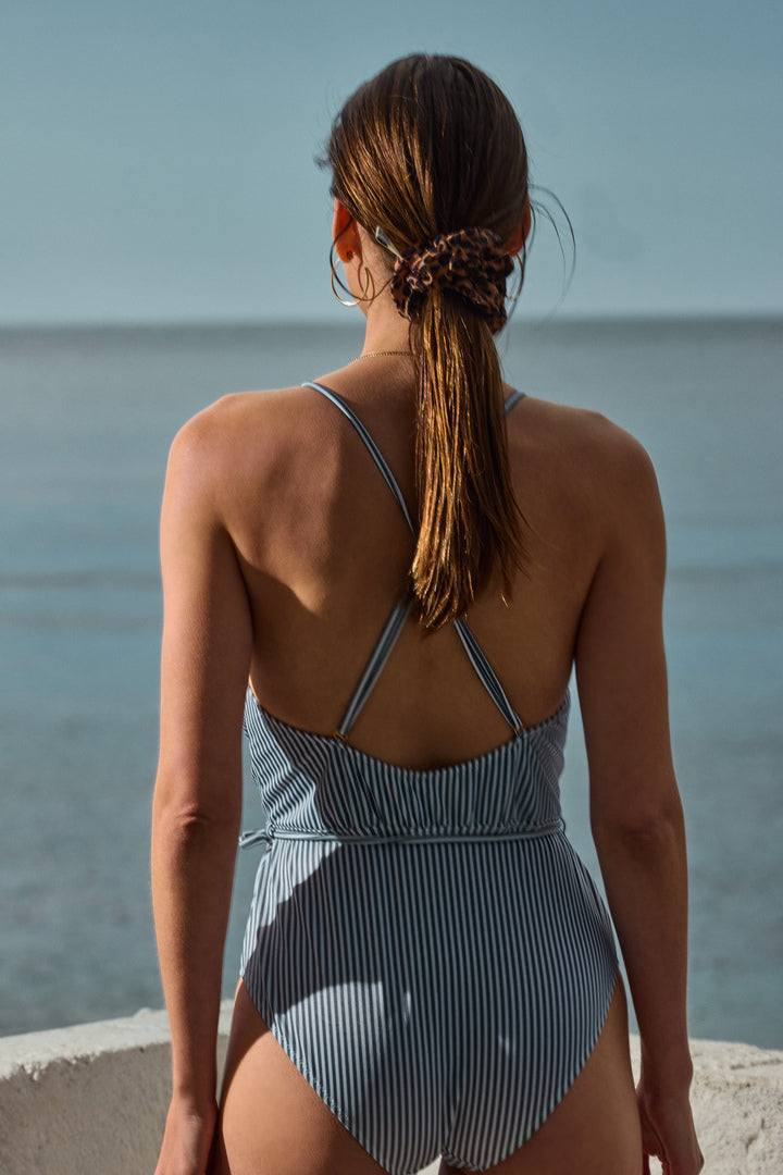 Maillot de bain Roman à rayures bleu ciel et écru