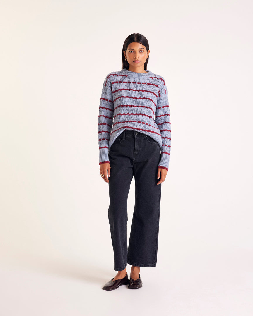 Pull Madeleine rayures bleu et bordeaux