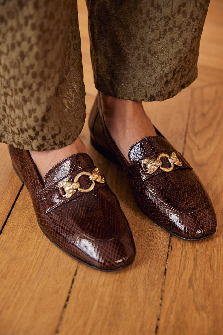 Mocassins Flavie embossé vernis chocolat